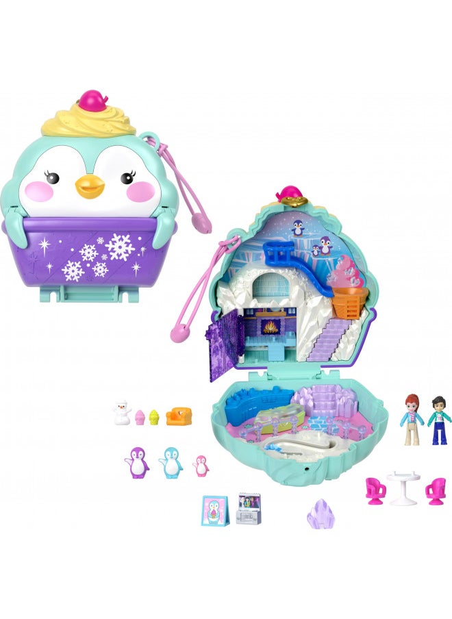 Polly Pocket Dolls and Playset, Travel Toy with Fidget Exterior, Snow Sweet Penguin Compact with 12 Accessories