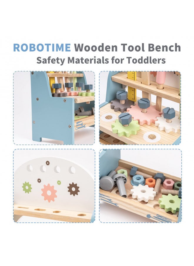 ROBOTIME Tool Bench Set for Toddlers - Mini Wooden Work Bench for Kids, Construction Toys w/Wooden Tools, Educational Pretend Play Gift Building Toy Tools Set for 18 Months 2 3 4 5 Boys Girls