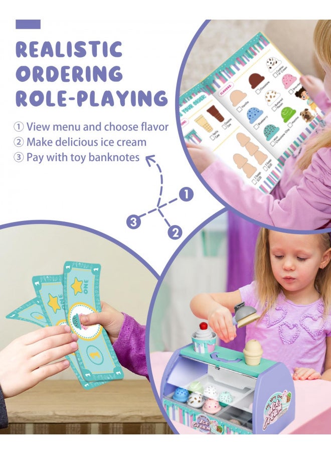 Ice Cream Toys for Toddlers 3-5, Pretend Play Food Toys for Girls, Ice Cream Counter Playset, Ice Cream Shop Toys for Kids, Gift for 3 4 5 6 Year Old Girl Boy