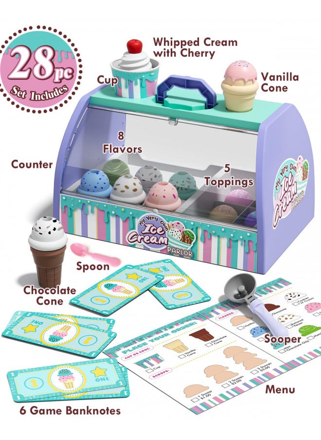 Ice Cream Toys for Toddlers 3-5, Pretend Play Food Toys for Girls, Ice Cream Counter Playset, Ice Cream Shop Toys for Kids, Gift for 3 4 5 6 Year Old Girl Boy