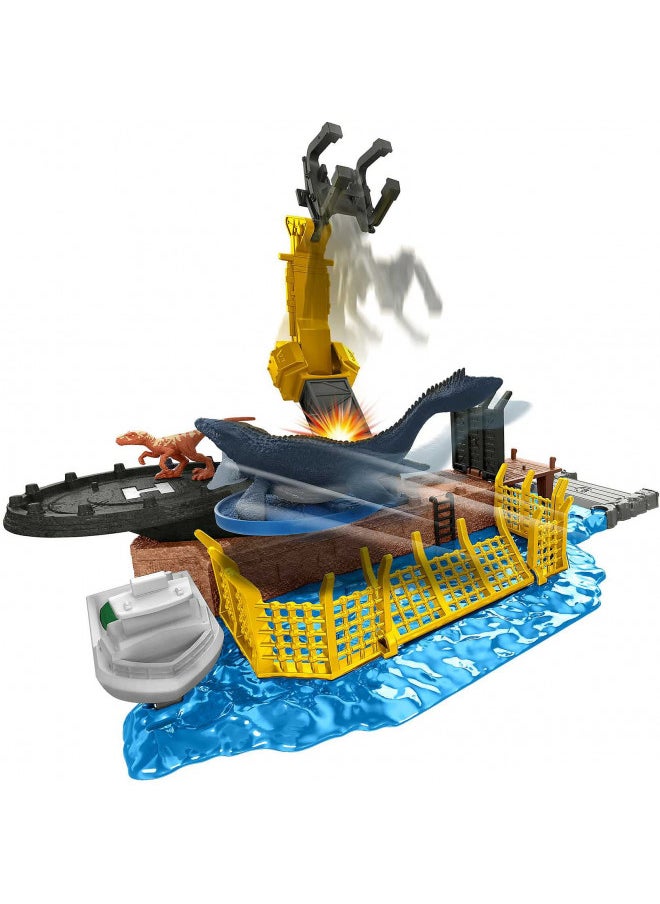 Jurassic World Dominion Minis Mosasaurus Mayhem Playset with 2 Mini Dinosaur Figures, Launchers and Break Apart Feature, Toy Gift Set and Collectible