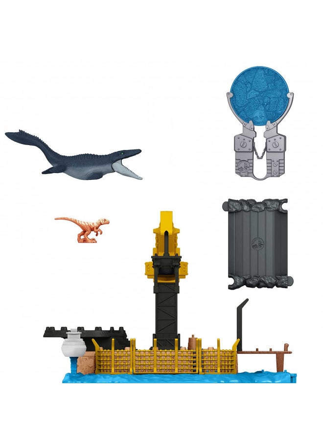 Jurassic World Dominion Minis Mosasaurus Mayhem Playset with 2 Mini Dinosaur Figures, Launchers and Break Apart Feature, Toy Gift Set and Collectible