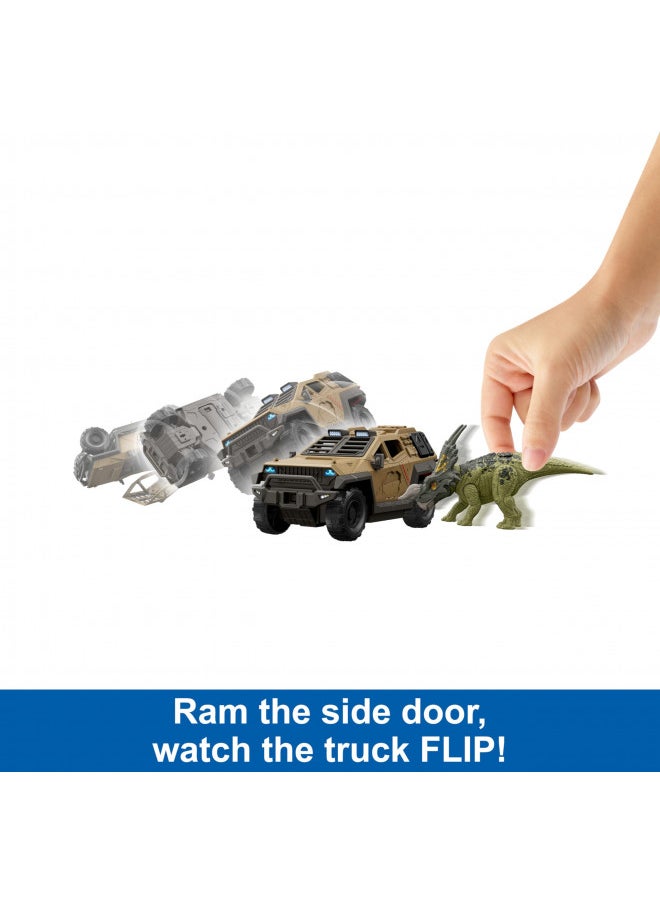 Mattel Jurassic World Truck & Einiosaurus Dinosaur Action Figure Toy Set with Flip & Roll Feature, Mission Mayhem Vehicle for Dino & Destruction Play