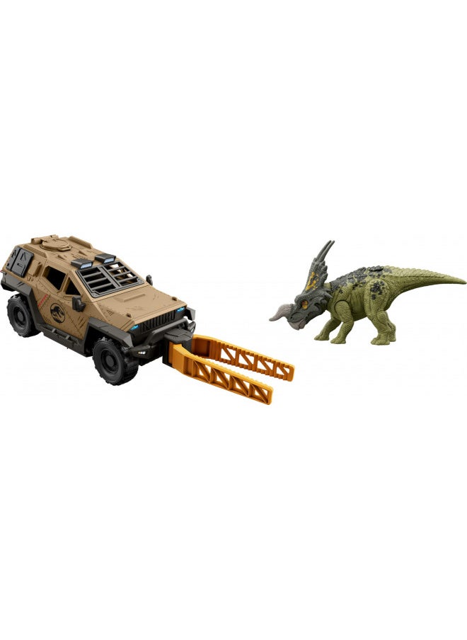 Mattel Jurassic World Truck & Einiosaurus Dinosaur Action Figure Toy Set with Flip & Roll Feature, Mission Mayhem Vehicle for Dino & Destruction Play