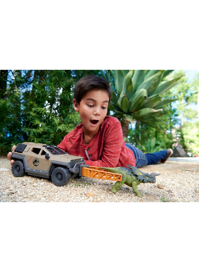 Mattel Jurassic World Truck & Einiosaurus Dinosaur Action Figure Toy Set with Flip & Roll Feature, Mission Mayhem Vehicle for Dino & Destruction Play