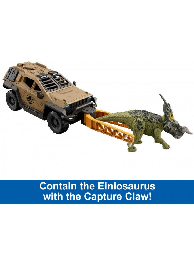 Mattel Jurassic World Truck & Einiosaurus Dinosaur Action Figure Toy Set with Flip & Roll Feature, Mission Mayhem Vehicle for Dino & Destruction Play