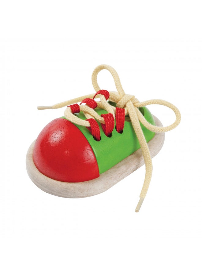 PlanToys Wooden Tie-Up Shoe Educational Toy (5319) | Sustainably Made from Rubberwood and Non-Toxic Paints and Dyes
