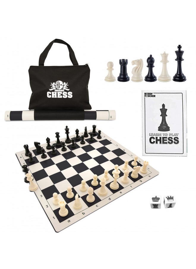WE Games Best of Travel Chess Sets - Chess Board is Tournament Style Roll Up - 20 inches, 34 Chess Pieces, Portable Chess Set Bag, Includes Equalizer Dice & How to Play Chess Instructions Booklet