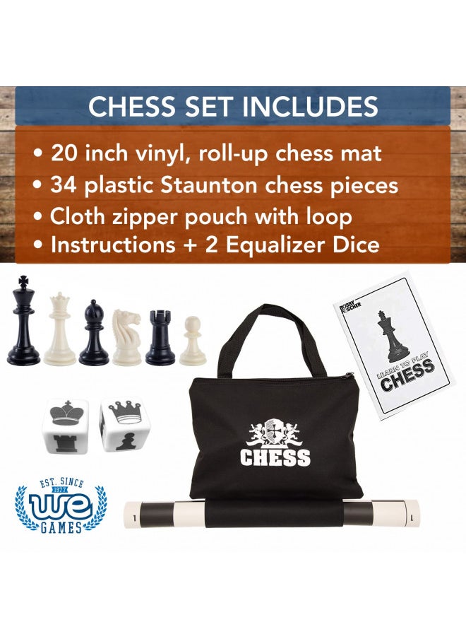 WE Games Best of Travel Chess Sets - Chess Board is Tournament Style Roll Up - 20 inches, 34 Chess Pieces, Portable Chess Set Bag, Includes Equalizer Dice & How to Play Chess Instructions Booklet