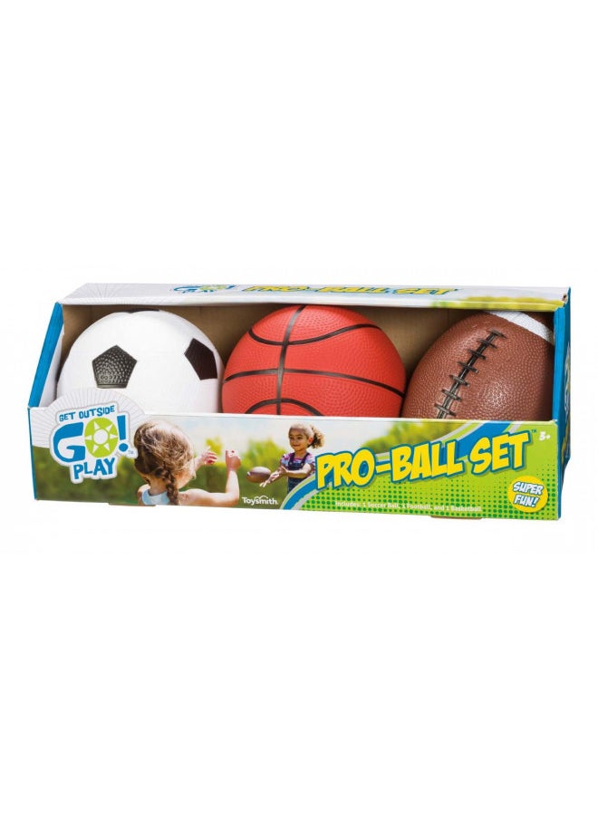 Toysmith Get Outside GO! Pro-Ball Set, Pack of 3 (5-inch soccer ball,6.5-inch football and 5-inch basketball) (2709)