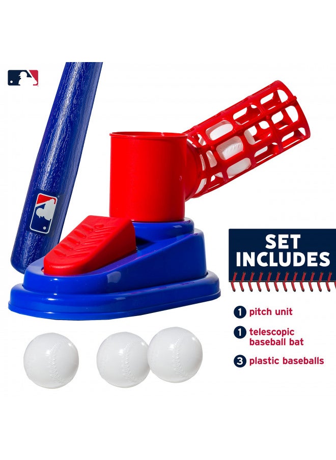 Franklin Sports Kids Baseball Pitching Machine - Pop A Pitch Baseball Batting Machine with Youth Bat + 3 Plastic Baseballs - Boys + Girls Baseball Toy,Red/Blue