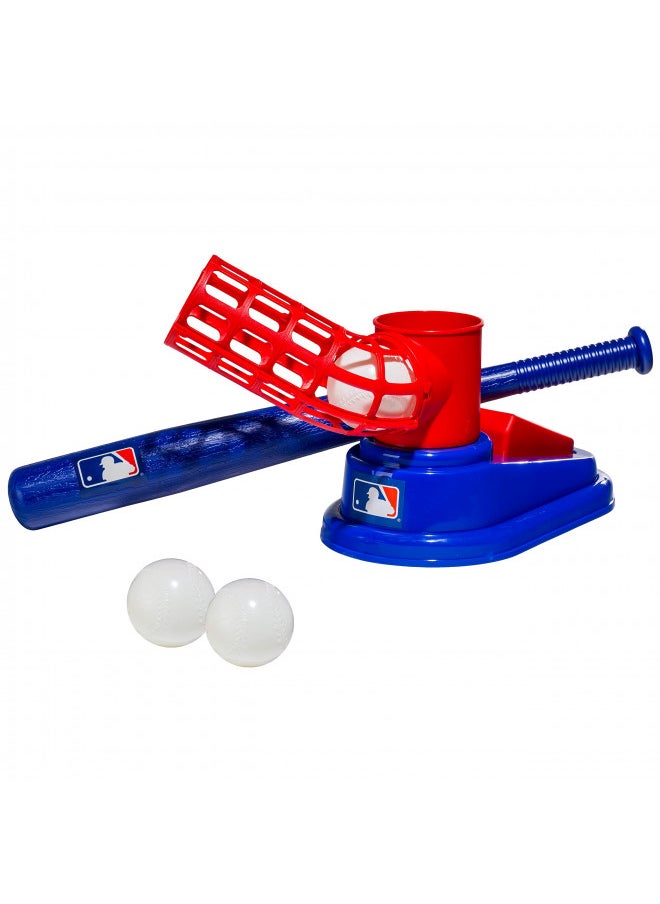 Franklin Sports Kids Baseball Pitching Machine - Pop A Pitch Baseball Batting Machine with Youth Bat + 3 Plastic Baseballs - Boys + Girls Baseball Toy,Red/Blue