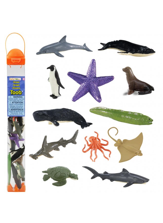 Safari Ltd Ocean TOOB Comes With 12 Different Hand Painted Animal Toy Figurine Models Including Sea Lion, Eagle Ray, Starfish, Turtle, Penguin, Octopus, Humpback Whale, Sperm Whale, Moray Eel, Hammerhead Shark, Tiger Shark, and Dolphin For Ages 5 and