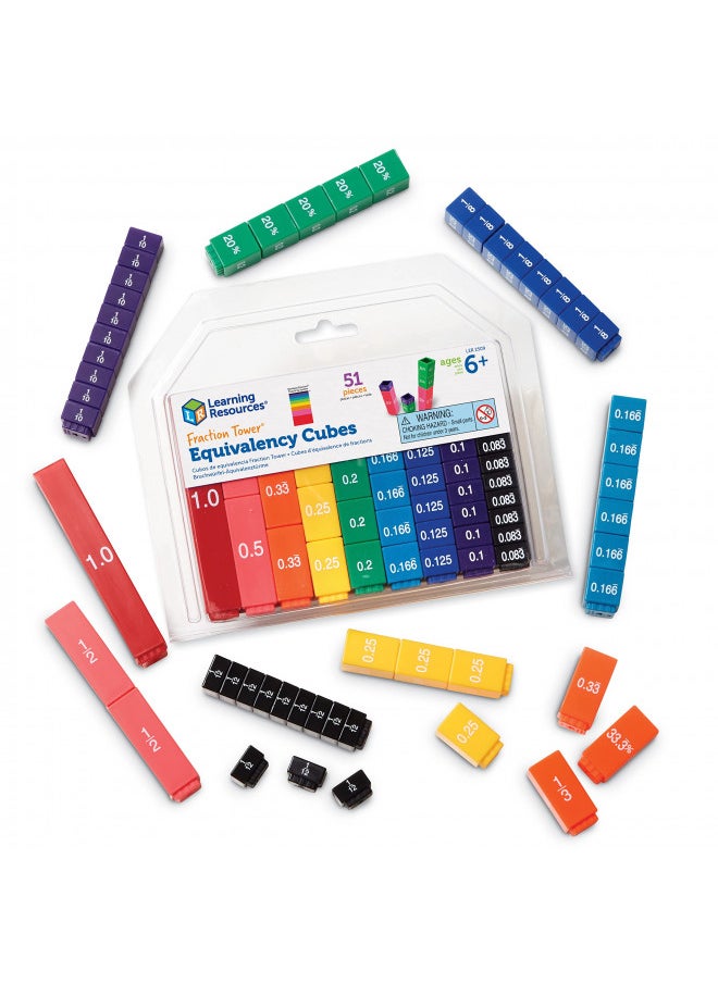 Learning Resources Fraction Tower Equivalency Cubes - 51 Pieces, Ages 6+ Math Learning Toys for Kids, Math Classroom and Homeschool Accessories, Fractions Learning for Kids