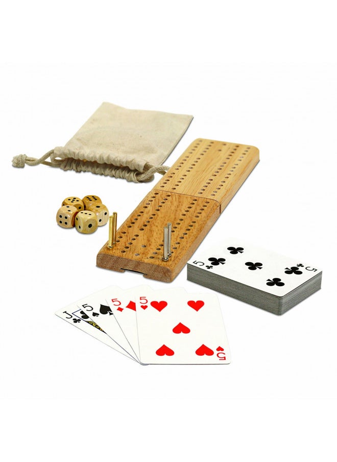 WE Games Cribbage Board Game Set, Travel Crib Board with Storage Slot and Drawstring Bag for Card Storage, Foldable 2 Track Cribbage Board with Cards, Metal Pegs and Dice, Mini Board Games