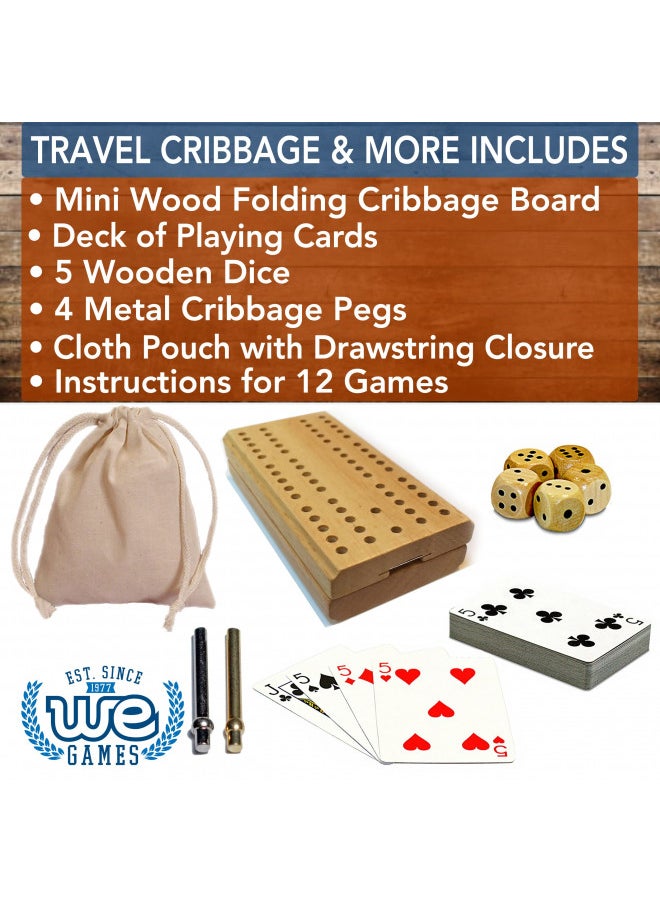 WE Games Cribbage Board Game Set, Travel Crib Board with Storage Slot and Drawstring Bag for Card Storage, Foldable 2 Track Cribbage Board with Cards, Metal Pegs and Dice, Mini Board Games