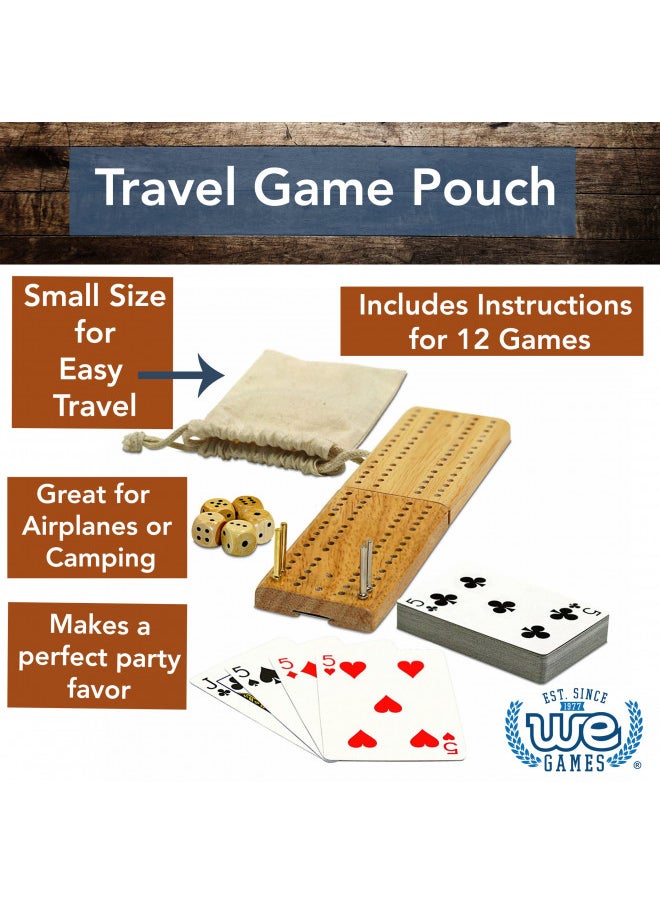 WE Games Cribbage Board Game Set, Travel Crib Board with Storage Slot and Drawstring Bag for Card Storage, Foldable 2 Track Cribbage Board with Cards, Metal Pegs and Dice, Mini Board Games