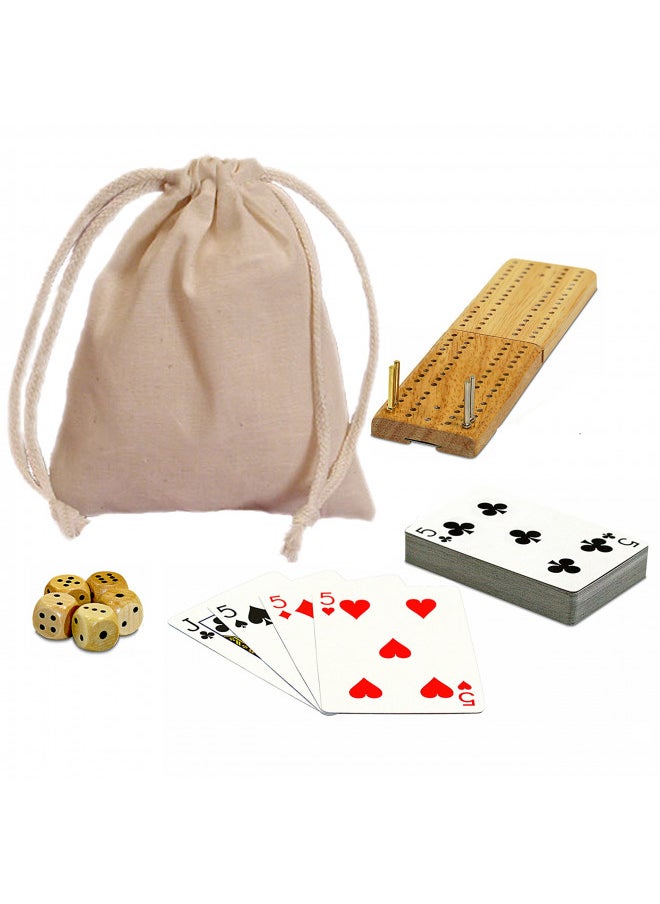 WE Games Cribbage Board Game Set, Travel Crib Board with Storage Slot and Drawstring Bag for Card Storage, Foldable 2 Track Cribbage Board with Cards, Metal Pegs and Dice, Mini Board Games