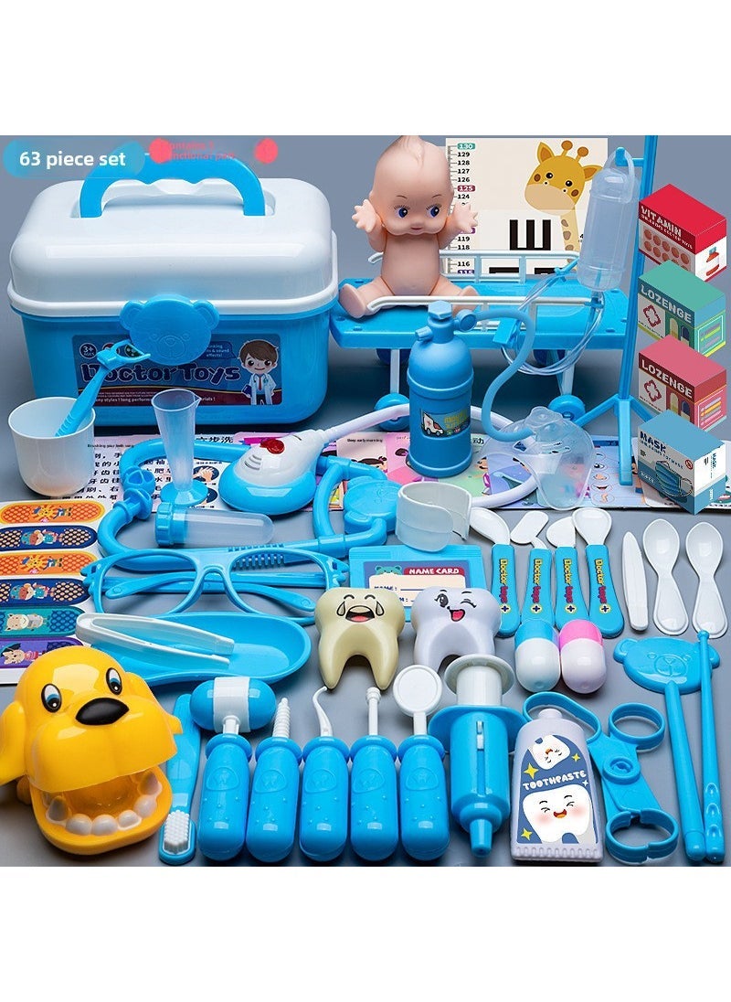 Kids Doctor Playset with Light  Sound Stethoscope [Blue] 63-piece storage box [sound and light stethoscope_visual chart_tooth filling dog_doll bed]]