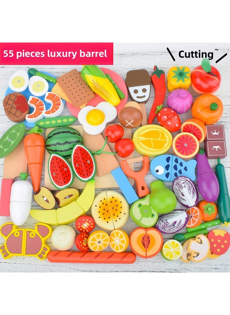 Wooden Fruit Cutting Playset Magnetic Kitchen Toy 55 pieces of fruit and vegetable barrel