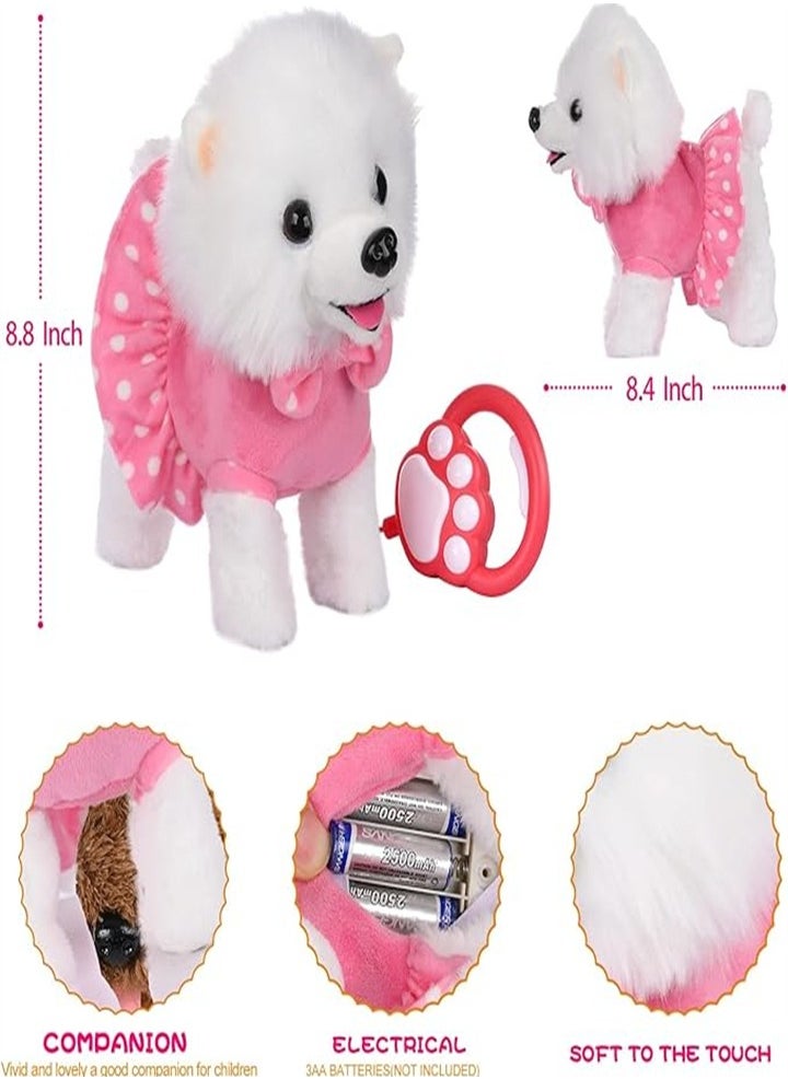 Electronic pet dog toy with remote control, walking Pomeranian, leash animation puppy nodding, barking and wagging tail children's birthday gift