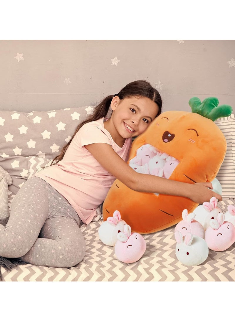 Cute Plush Pillow Removable Stuffed Animal Toy Creative Gift Children's Soft Pillow Room Decoration - Carrot (6 Animal Balls Inside)