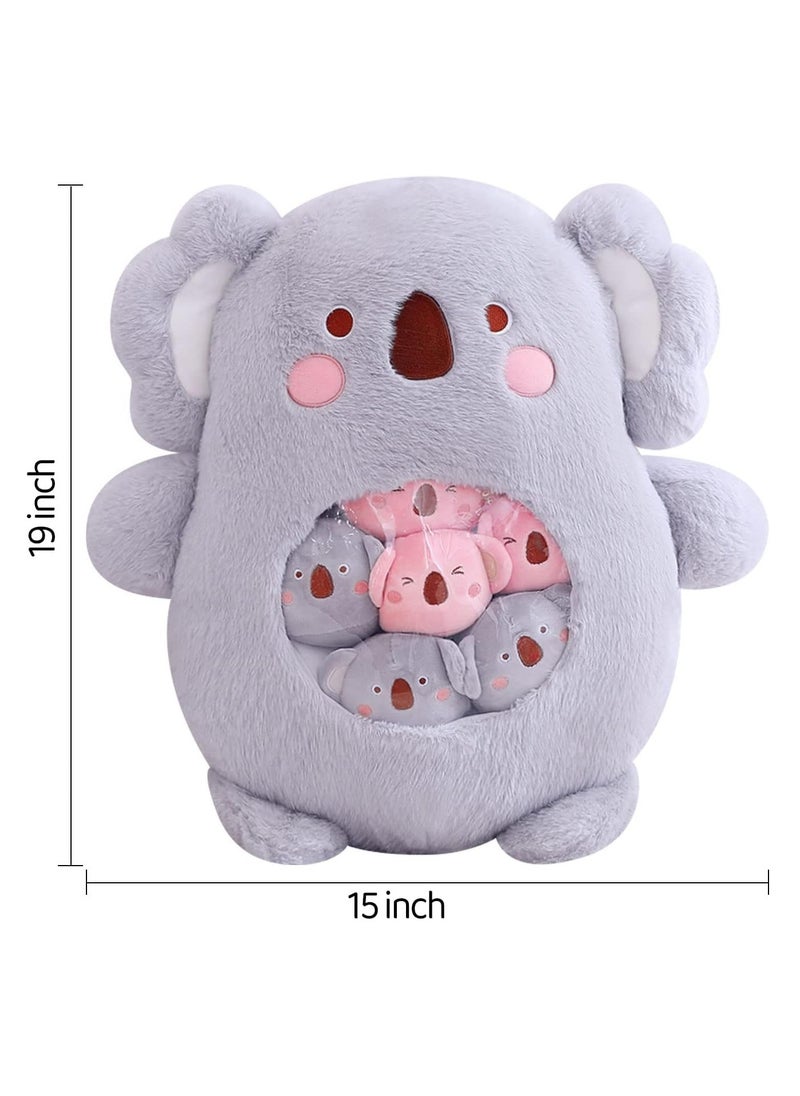 Cute Plush Pillow Removable Stuffed Animal Toy Creative Gift Children's Soft Pillow Room Decoration - Gray Koala (6 Animal Balls Inside)