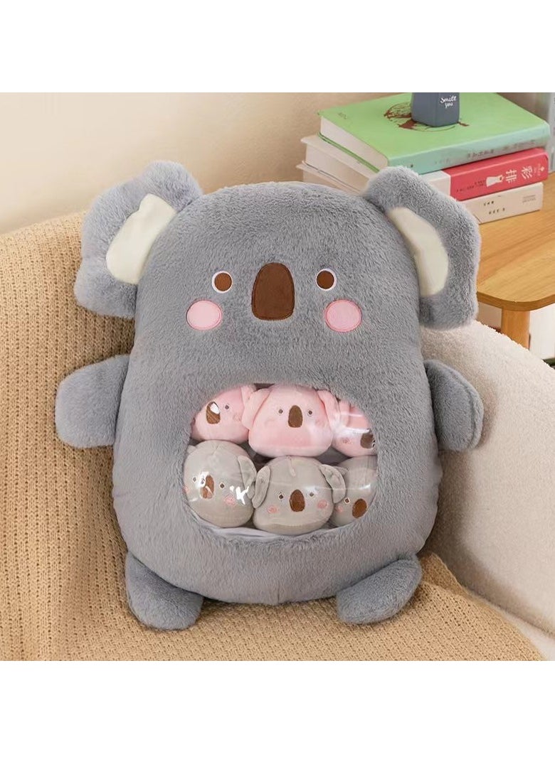 Cute Plush Pillow Removable Stuffed Animal Toy Creative Gift Children's Soft Pillow Room Decoration - Gray Koala (6 Animal Balls Inside)