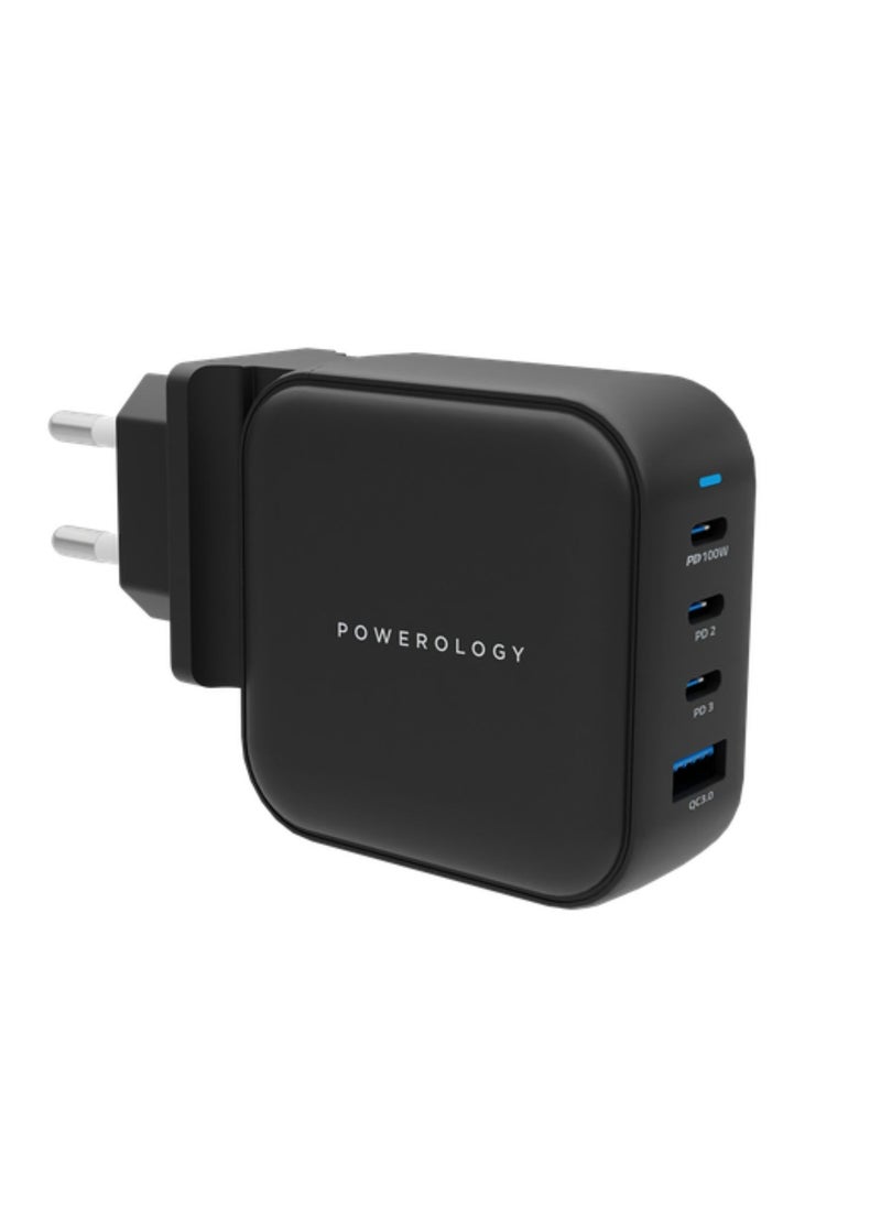 3 Port PD + 1 QC3.0 GaN Wall Charger 100W - Black