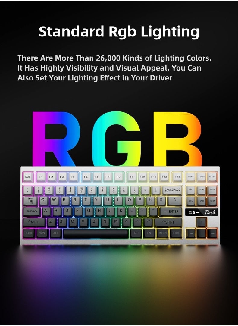 Flash 80 Gaming Mechanical Keyboard - 88 Keys, CNC Aluminum Base, Three Modes (Wired, 2.4G, Bluetooth), Gasket Structure, KTT White Switch, RGB Backlit with Status Display, Quick Swap Design, QMK-VIA Support, Stunning Quartz Glass Weight