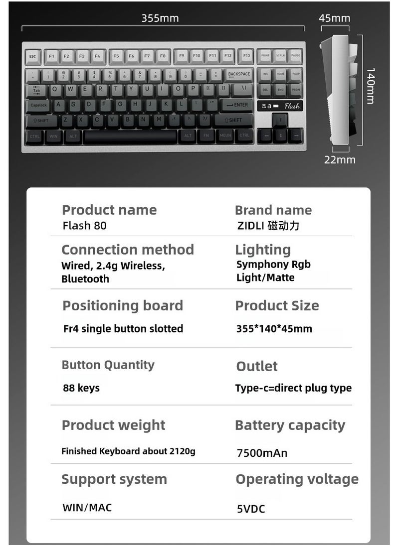 Flash 80 Gaming Mechanical Keyboard - 88 Keys, CNC Aluminum Base, Three Modes (Wired, 2.4G, Bluetooth), Gasket Structure, KTT White Switch, RGB Backlit with Status Display, Quick Swap Design, QMK-VIA Support, Stunning Quartz Glass Weight