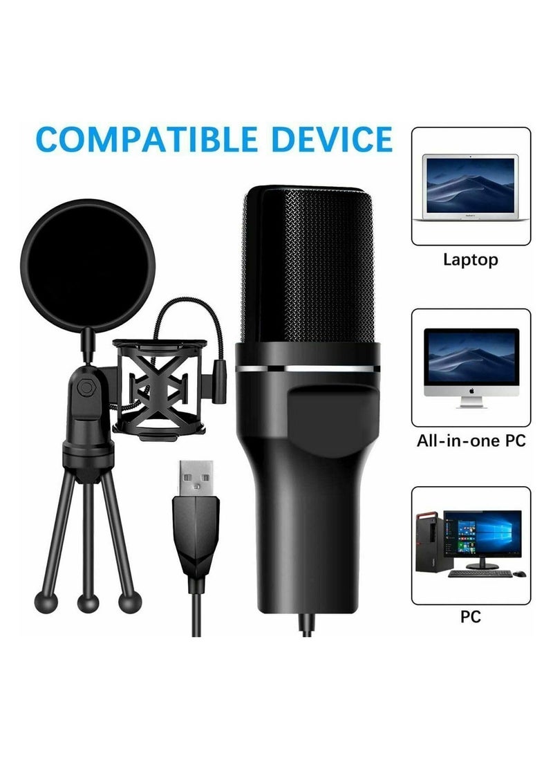 USB Microphone for PC – Cardioid Condenser Mic with Tripod Stand & Pop Filter, Perfect for Gaming, Streaming, Podcasting, and Vocal Recording, Compatible with Windows Laptop/Desktop