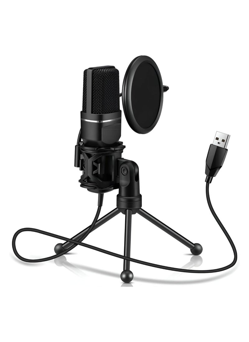 USB Microphone for PC – Cardioid Condenser Mic with Tripod Stand & Pop Filter, Perfect for Gaming, Streaming, Podcasting, and Vocal Recording, Compatible with Windows Laptop/Desktop