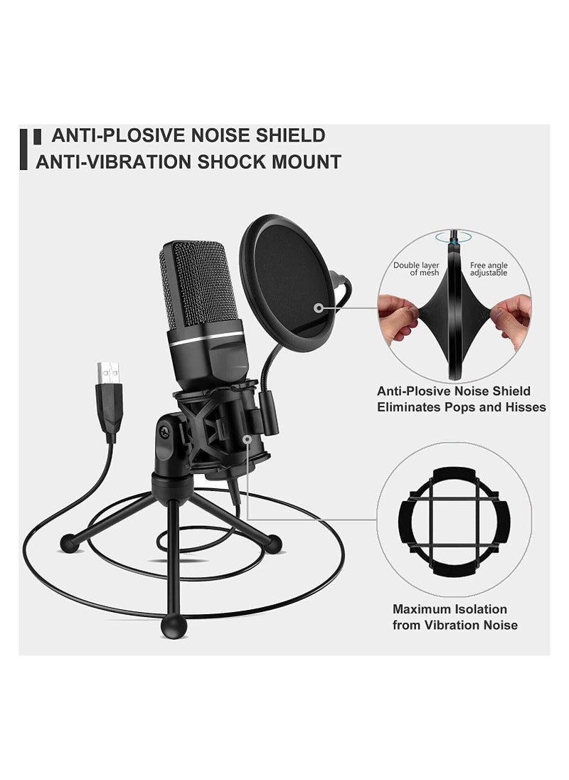 USB Microphone for PC – Cardioid Condenser Mic with Tripod Stand & Pop Filter, Perfect for Gaming, Streaming, Podcasting, and Vocal Recording, Compatible with Windows Laptop/Desktop