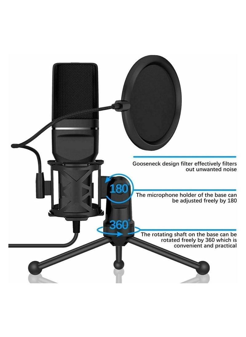 USB Microphone for PC – Cardioid Condenser Mic with Tripod Stand & Pop Filter, Perfect for Gaming, Streaming, Podcasting, and Vocal Recording, Compatible with Windows Laptop/Desktop