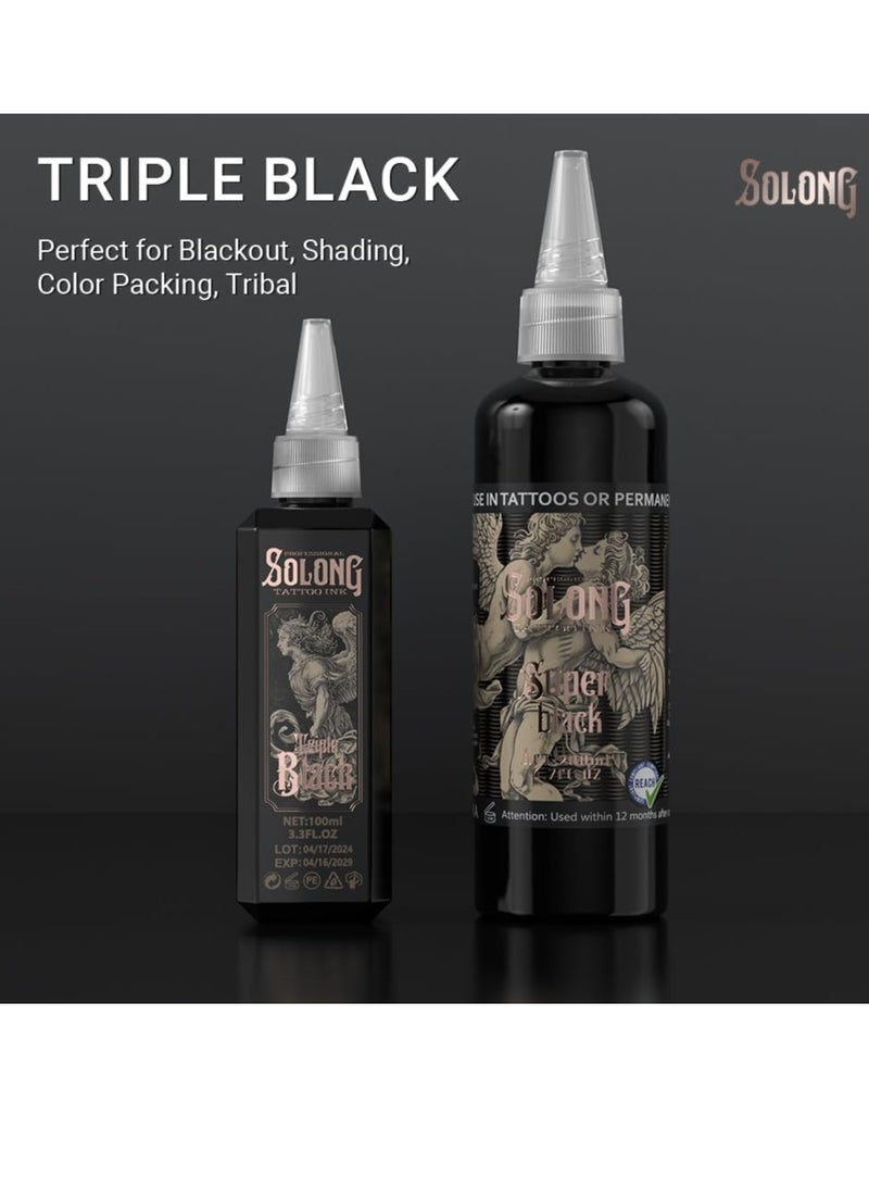 Tattoo Ink,Solong S Series 3.4oz(100ml) Professional Black Tattoo Ink for Outlining,Shading and Blending-Triple Black Tattoo Supplies,TI303S-100-031