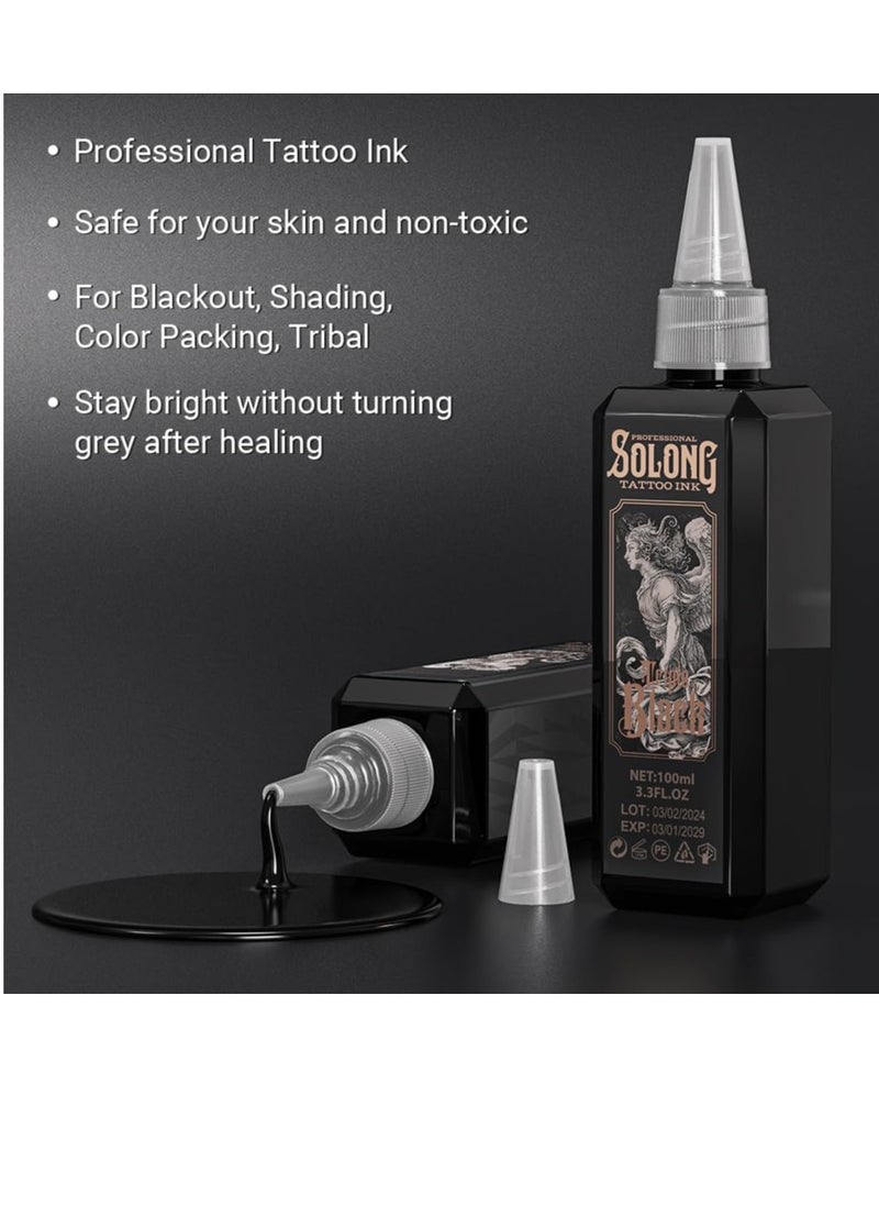 Tattoo Ink,Solong S Series 3.4oz(100ml) Professional Black Tattoo Ink for Outlining,Shading and Blending-Triple Black Tattoo Supplies,TI303S-100-031