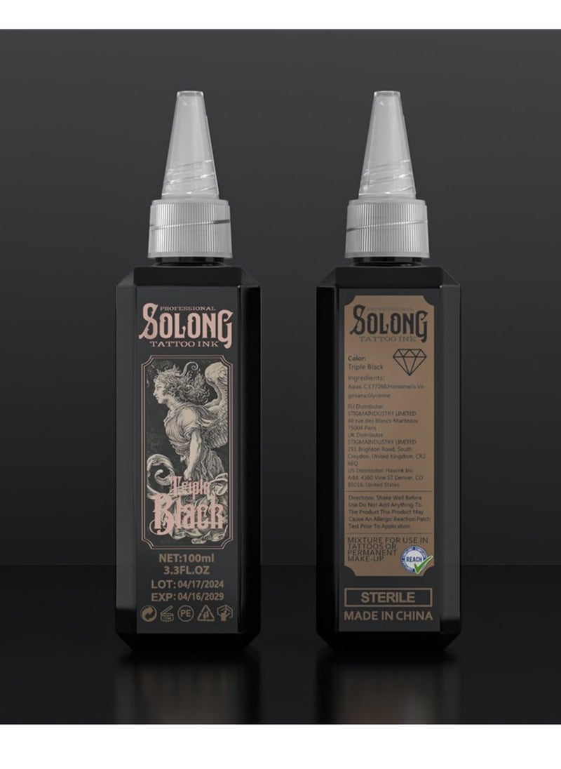 Tattoo Ink,Solong S Series 3.4oz(100ml) Professional Black Tattoo Ink for Outlining,Shading and Blending-Triple Black Tattoo Supplies,TI303S-100-031