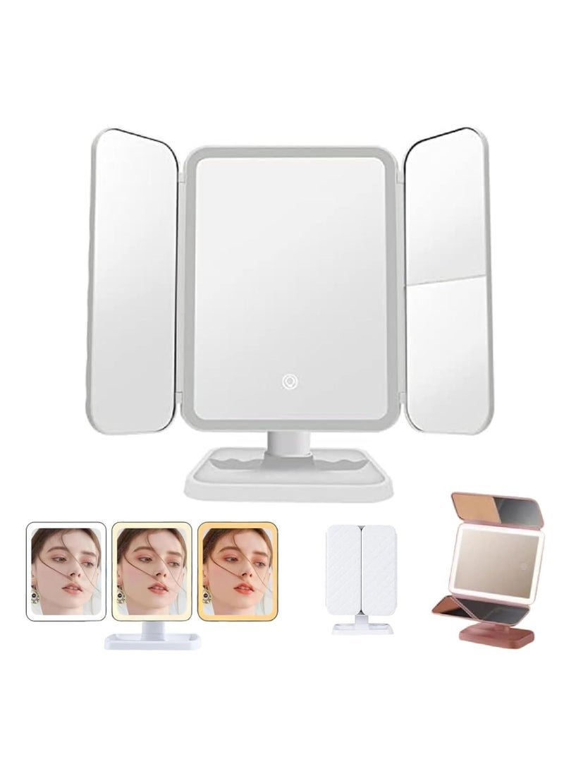 Makeup Mirror, Smart Makeup Mirror, Smart Makeup Mirror Travel, Smart Mirror Vanity, 3 Color LED Trifold Makeup Mirror 180 ° Rotation (White)