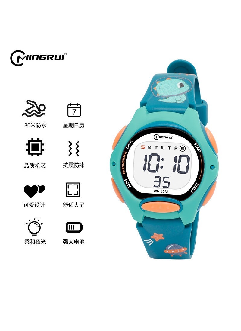 2022 Cartoon Print Girls Sports Watch Waterproof Dark green little dinosaur