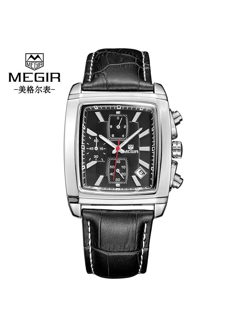 Hot Sale megir Men's Watch Fashion Light Retro Multifunctional Chronograph Square Genuine Leather Men's Watch 2028