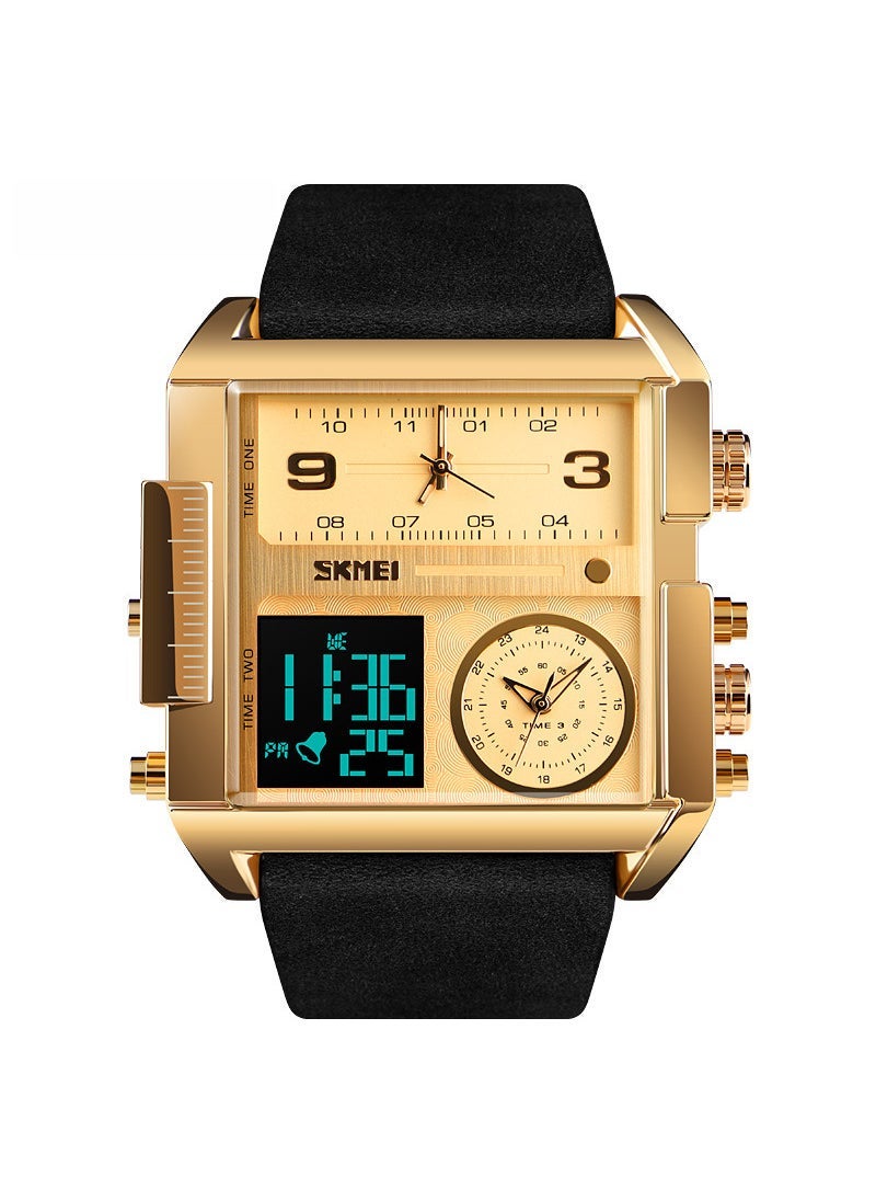 Mens Quartz Watch Triple Display Fashion Multifunction Digital Gold shell Black Belt