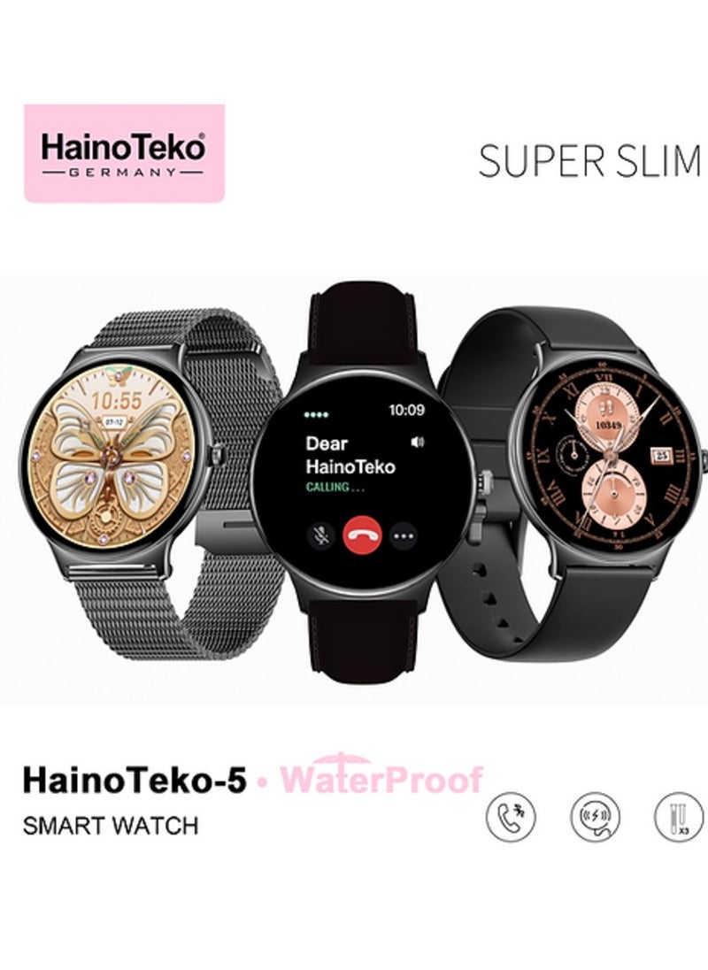 HainoTeko-5 Super Slim Smart Watch Round Shape AMOLED Display With Waterproof AI Voice Assistance and 3 Pair Straps For Ladies Black