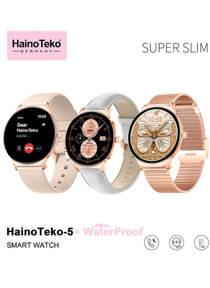 HainoTeko-5 Super Slim Smart Watch Round Shape AMOLED Display With Waterproof AI Voice Assistance and 3 Pair Straps For Ladies Black