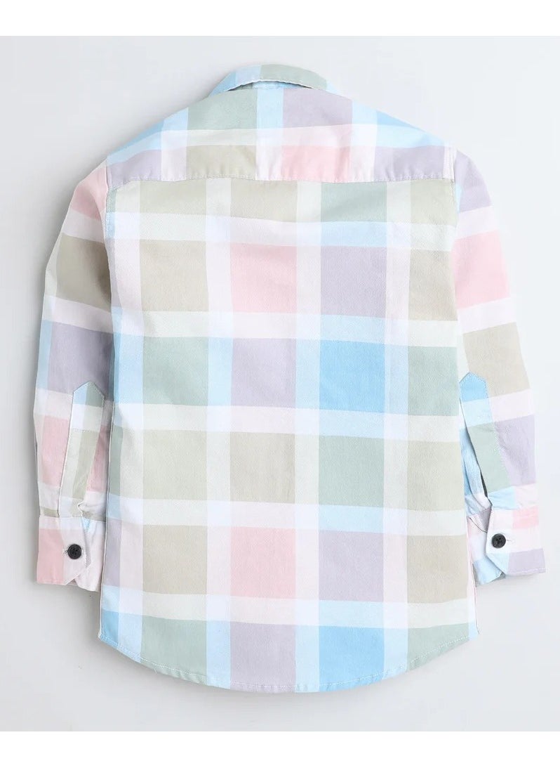 Polka Tots Full Sleeves Big Check Shirt With Blah Blah Pocket Print - Cream and Green