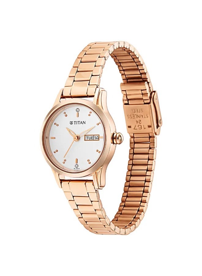 Titan Lagan Quartz Analog with Day and Date Women Watch Silver Dial With Rose Gold Colour Metal Strap