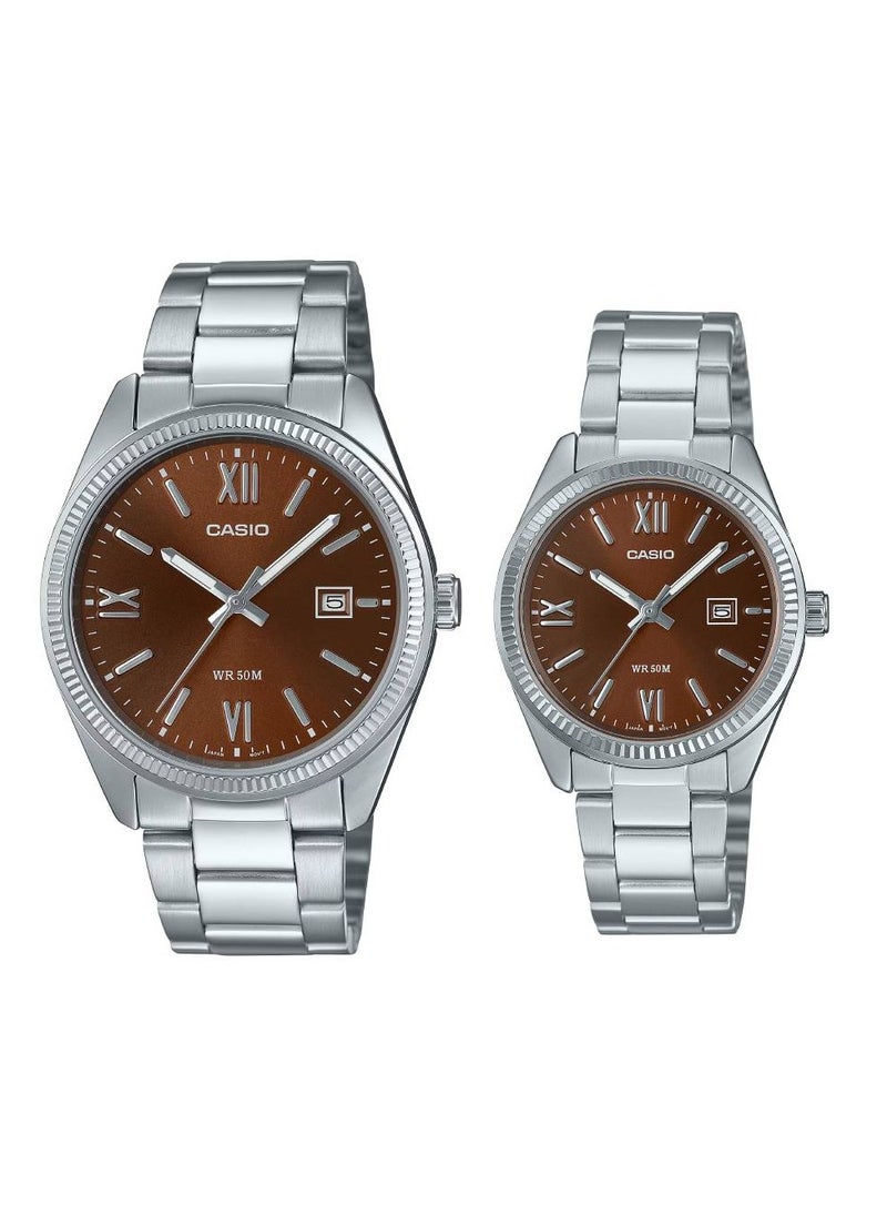 Analog Quartz Brown Dial Stainless Steel Couple Watch MTP/LTP-1302DD-5AVDF