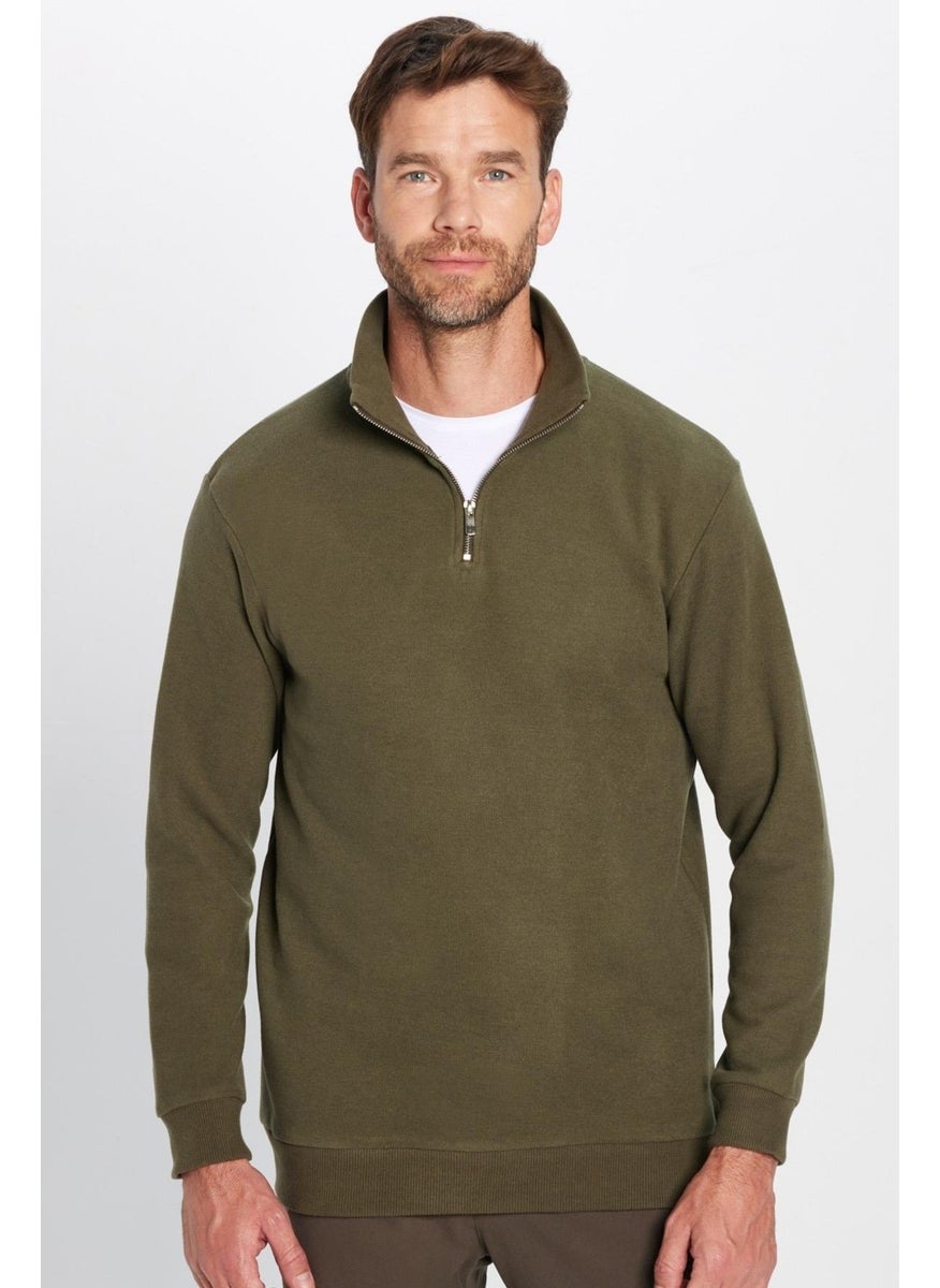 Relax Fit Comfortable Cut Cotton Half Zipper Khaki Stand Collar Sweatshirt