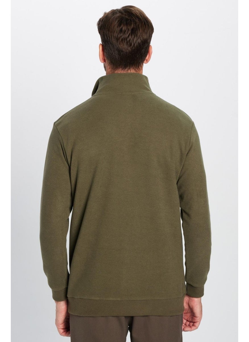Relax Fit Comfortable Cut Cotton Half Zipper Khaki Stand Collar Sweatshirt