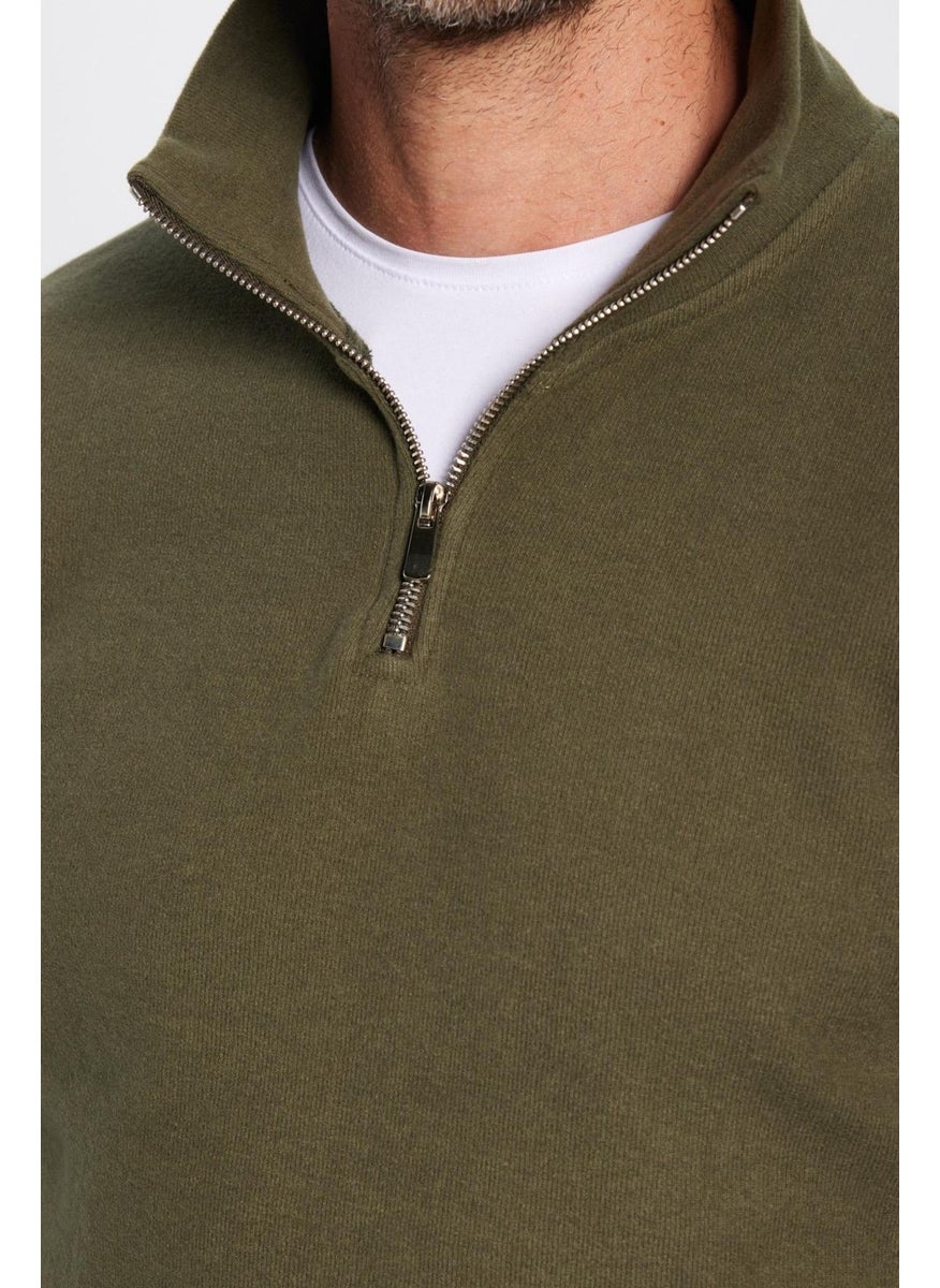 Relax Fit Comfortable Cut Cotton Half Zipper Khaki Stand Collar Sweatshirt